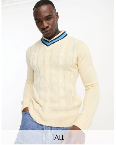 Le Breve Tall Cable Knit Chunky Contrast V Neck Sweater - Blue