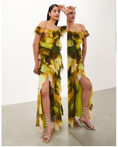 ASOS Chiffon Bardot Ultimate Ruffle Maxi Dress - Metallic