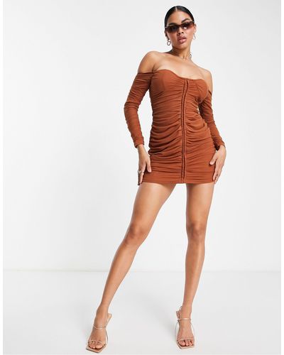 Femme Luxe Off Shoulder Ruched Detail Long Sleeve Mini Bodycon Dress - Brown