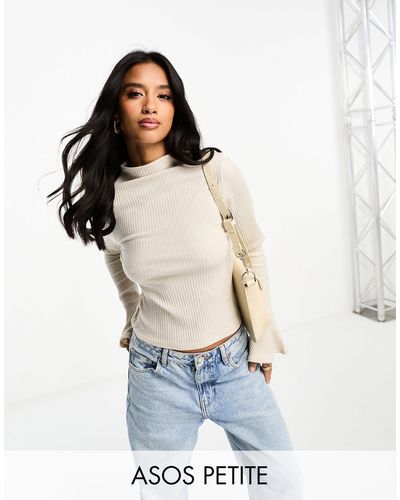 ASOS Asos Design Petite Ribbed High Neck Top With Flared Sleeve - White