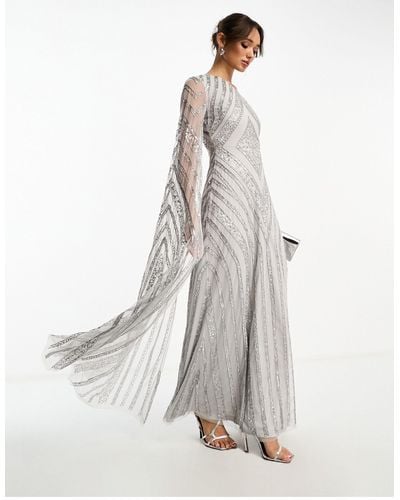 Frock and Frill Allover Embellished Maxi Dress With One Shoulder Cape Detail - White