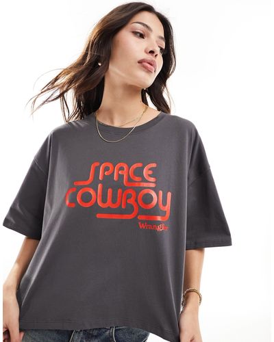 Wrangler T-shirt squadrata corta grigia con stampa space cowboy - Grigio