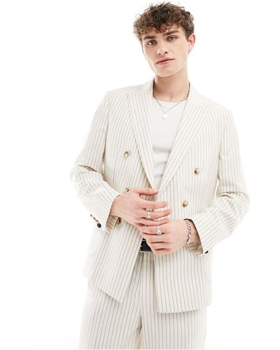Twisted Tailor Pinstripe Double Breasted Suit Jacket - White