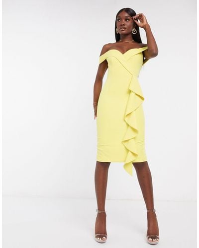 Lavish Alice Bardot Frill Midi Dress - Yellow