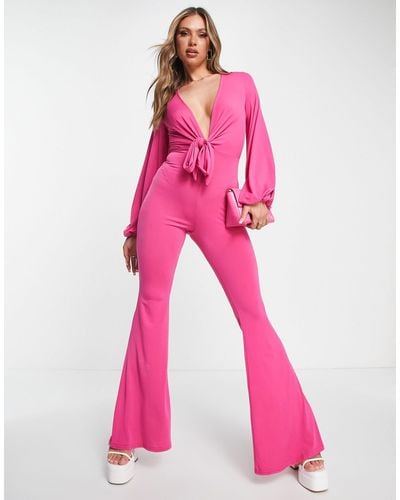 ASOS Glam Plunge Tie Front Jumpsuit - Pink