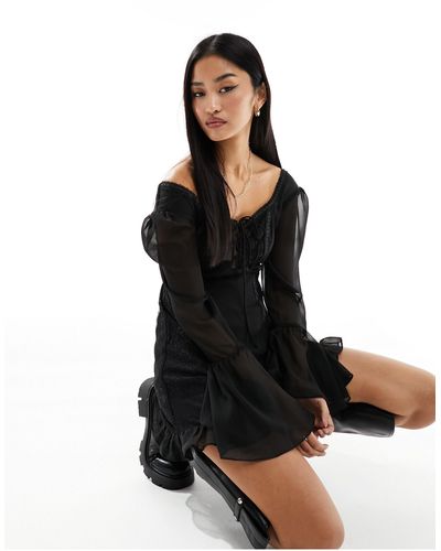 Miss Selfridge Chiffon Lace Mix Tie Front Mini Dress - Black