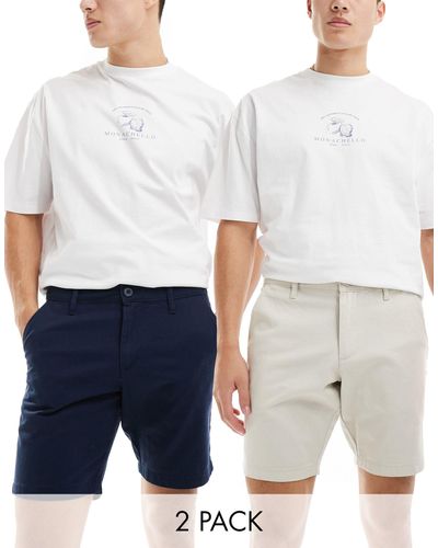 ASOS Confezione da 2 pantaloncini chino elasticizzati slim blu navy e color pietra - Bianco