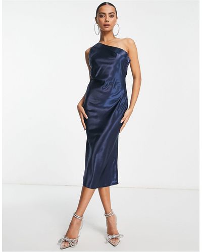 Lola May Satin One Shoulder Midi Dress With Diamante Strap - Blue