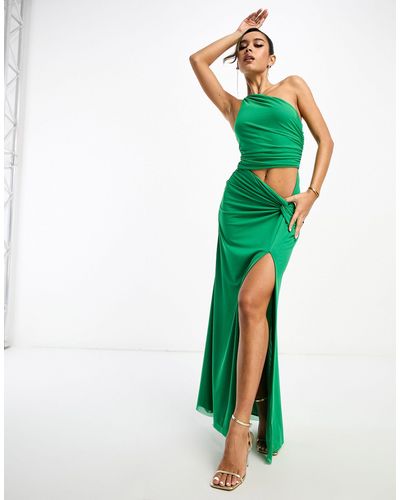 ASOS One Shoulder Ruched Mesh Cut Out Detail Maxi Dress - Green