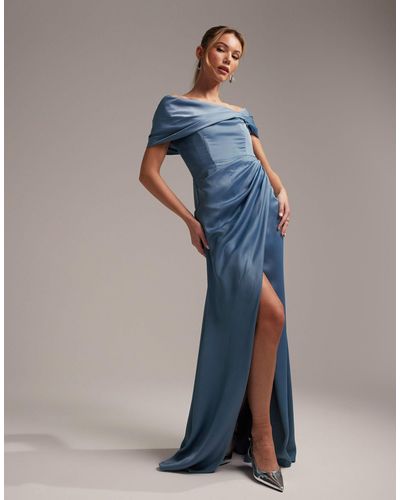 ASOS Bridesmaid Satin Bardot Drape Wrap Maxi Dress - Blue