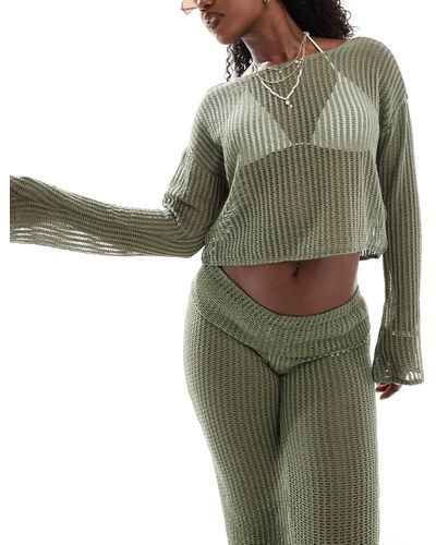 ONLY Oversized Drop Shoulder Long Sleeve Lettuce Edge Top Co-ord - Green