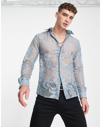 Twisted Tailor – hayek – schmales hemd aus floraler spitze - Blau