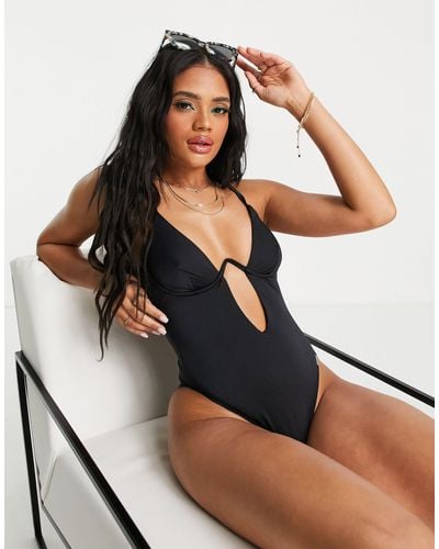 Free Society Monowire Swimsuit With Deep Plunge Cut Out Detail - Black