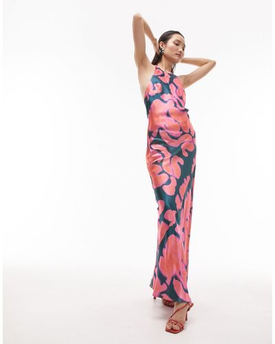 TOPSHOP Maxi-jurk Met Halternek En Inkt-print - Roze