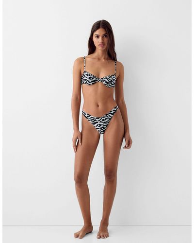 Bershka – bikinihose mit v-förmiger vorderseite und zebramuster, kombiteil - Weiß