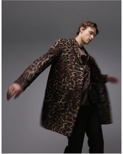 TOPMAN Leopard Print Longline Over Coat With Wool - Black