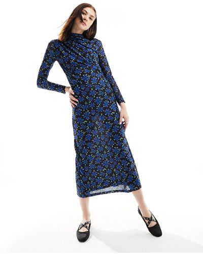 Ghospell Long Sleeve Stretch Midi Dress - Blue