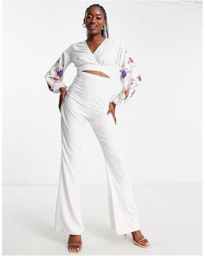 ASOS Embroidered Cut Out Jumpsuit With Flare Leg - White