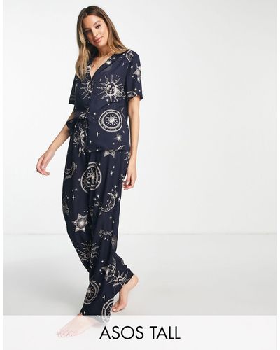 ASOS Asos Design Tall Modal Horoscope Shirt & Trouser Pajama Set - Blue