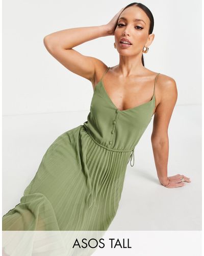ASOS Asos Design Tall Button Front Pleated Cami Midi Dress With Drawstring Waist - Green