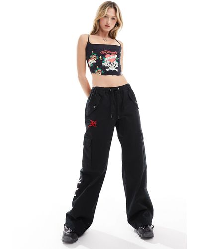 Ed Hardy Relaxed Cargo Trousers With Red Script Bum Logo - White