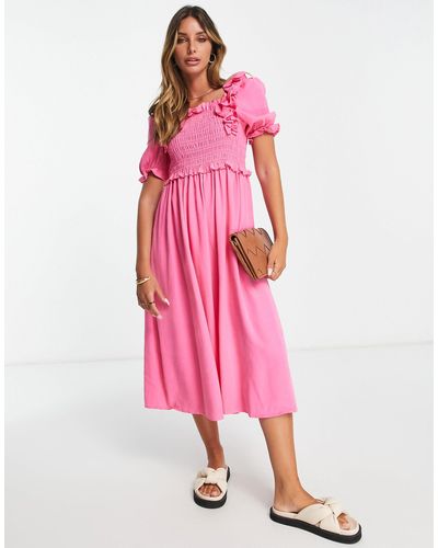 Y.A.S Shirred Detail Midi Dress - Pink