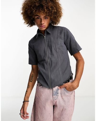Collusion Twill Cropped Shirt With Zip Detail - Gray