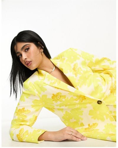 ASOS Oversized Floral Printed Slim Fit Suit Blazer With Linen - Yellow