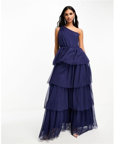 Y.A.S Bridesmaid One Shoulder Tulle Maxi Dress - Blue