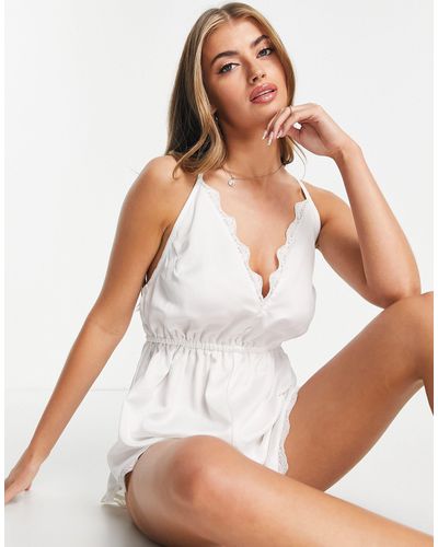 Ivory Rose Ivory Rose Fuller Bust Satin Nightwear Teddy With Lace Trim - White