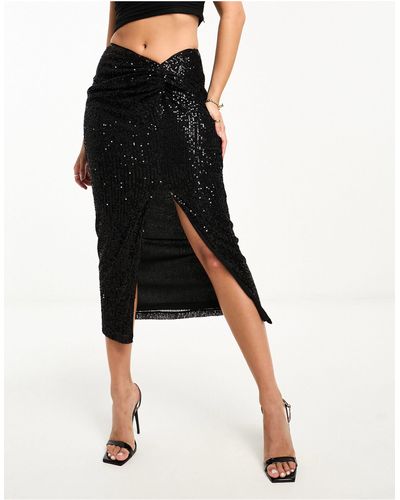 In The Style Exclusive Twist Front Sequin Midi Skirt - Black