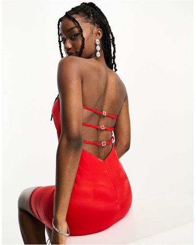 Naanaa Satin Bandeau Mini Dress With Open Back Detail - Red
