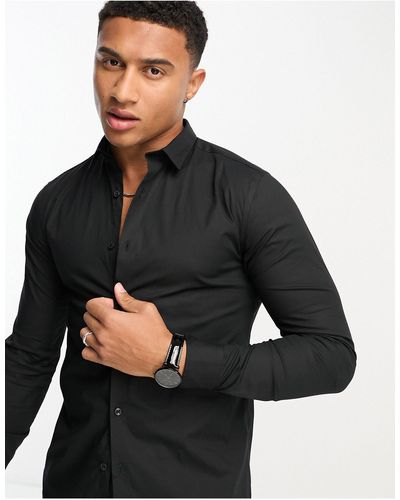 New Look Long Sleeve Muscle Fit Poplin Shirt - Black