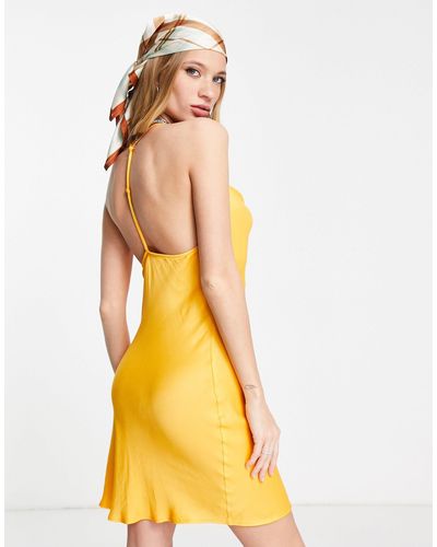 Bershka Ruched Side Cowl Neck Satin Mini Dress - Yellow