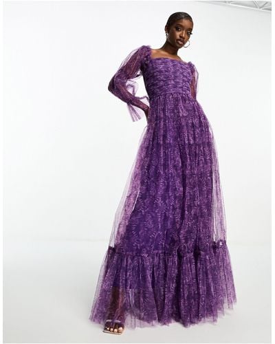 LACE & BEADS Organza Maxi Dress With Puff Sleeves - Purple
