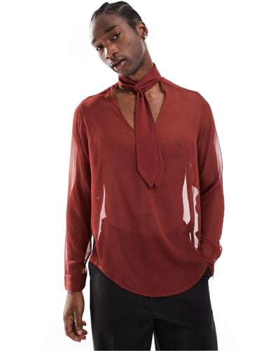 ASOS Relaxed Deep V Neck Shirt With Attached Tie Neck - Red