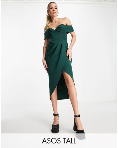 ASOS Asos Design Tall - Midi-jurk Met Korset En Blote Schouders - Groen
