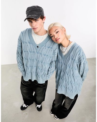 Collusion Unisex Oversized Washed Distressed Cable Knit Sweater - Blue