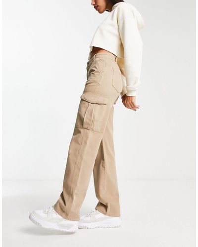 Pull&Bear High Waisted Straight Leg Cargo Trousers - Natural