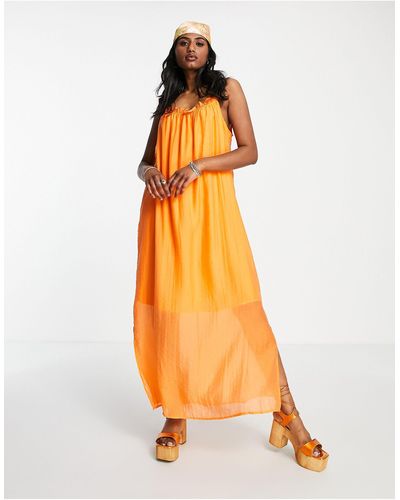 Object Vestito con spalline sottili midi chiaro con dettaglio raccolto - Arancione