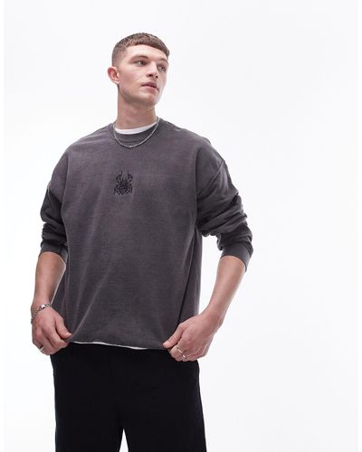 TOPMAN Oversized Fit Sweatshirt With Spider Tattoo Embroidery - Grey