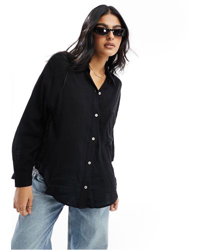 Pull&Bear Long Sleeve Linen Shirt - Black