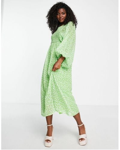 Miss Selfridge Metallic Chiffon Shirred Volume Sleeve Midaxi Dress - Green