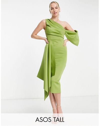 ASOS Asos Design Tall Off Shoulder Pencil Midi Dress With Ruffle Detail - Green
