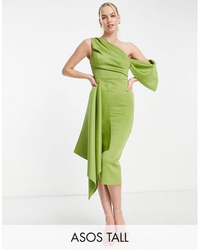 ASOS Asos Design Tall - Midi-kokerjurk Met Blote Schouder En Gedrapeerd Detail - Groen