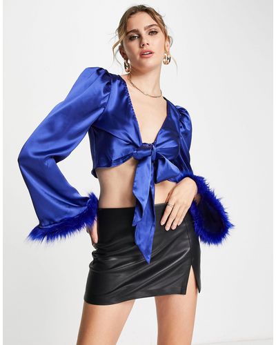 EI8TH HOUR Satin Crop Top With Faux Feather Trim - Blue