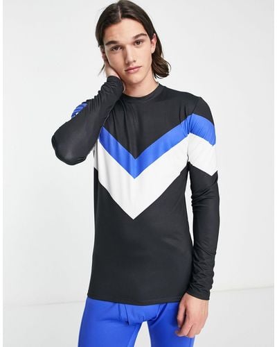 South Beach Ski Fleece Back Long Sleeve V Stripe Top - Blue