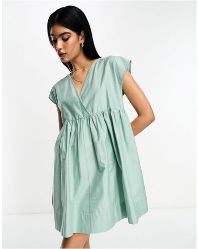 ASOS Cotton V Neck Mini Smock Dress - Green