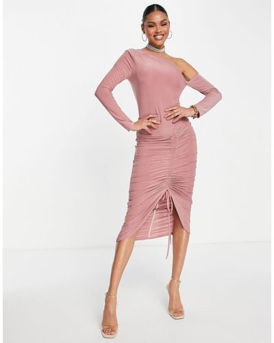 Femme Luxe One Shoulder Ruched Midi Dress - Pink