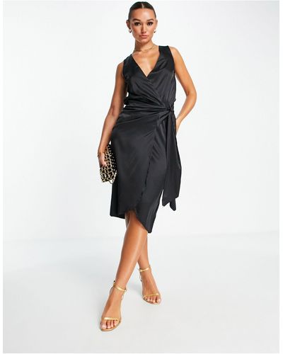 Never Fully Dressed Sleeveless Satin Midi Wrap Dress - Black